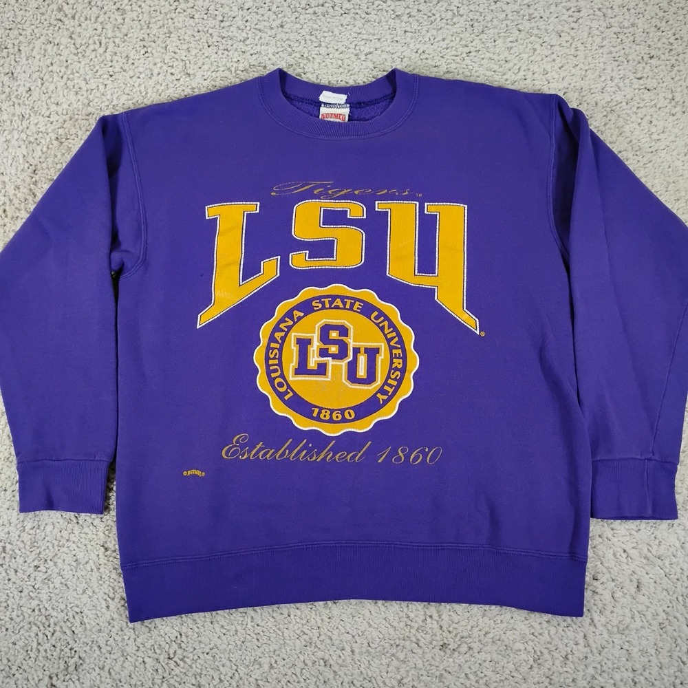 Vintage LSU Tigers Sweatshirt Mens Large Nutmeg Purple Crew Louisiana USA 90s
